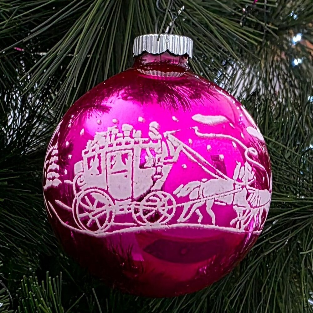 VTG Shiny Brite Stencil Stagecoach Pink Glass Christmas Ornament Horses Snow MCM